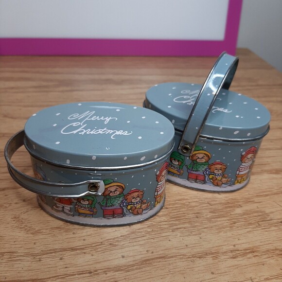 Pair VTG RAZ Imports Merry Christmas Mini Anthropomorphic Bear Tins w/ Handle - Picture 2 of 10